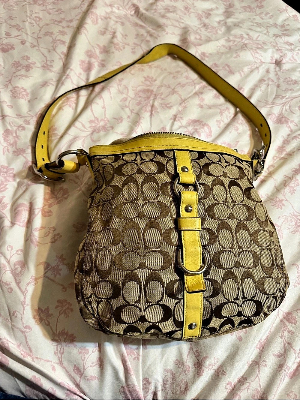 Coach Signature Stripe Hobo Bag Brown & Yellow Crossbody Bag